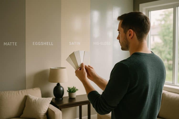 A man in a green sweater stands in a softly lit living room, holding four neutral-toned paint swatches while examining a wall painted with labeled sections of different finishes: matte, eggshell, satin, and high-gloss.