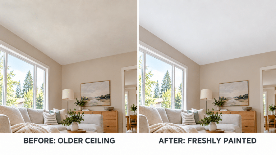 Side-by-side comparison of the same living room with an older, dull ceiling on the left and a freshly painted white ceiling on the right.